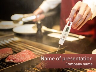 A Person Cooking Steaks On A Grill With A Thermometer PowerPoint Template