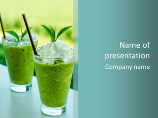 Two Glasses Of Green Smoothie With Whipped Cream On Top PowerPoint Template