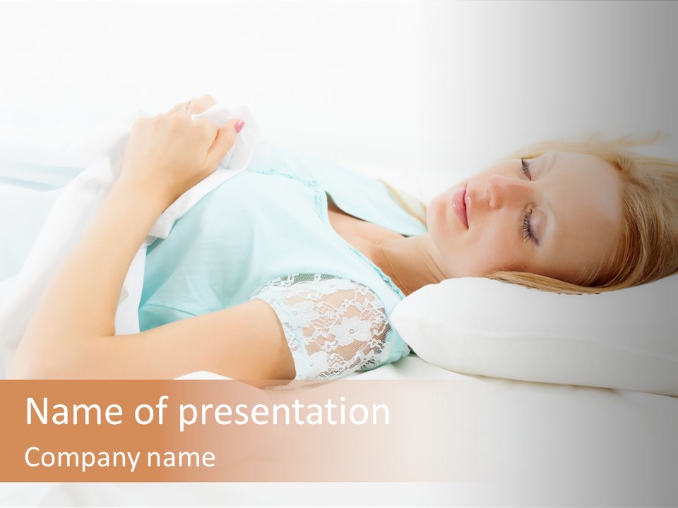 A Beautiful Blonde Woman Laying In Bed With Her Eyes Closed PowerPoint Template