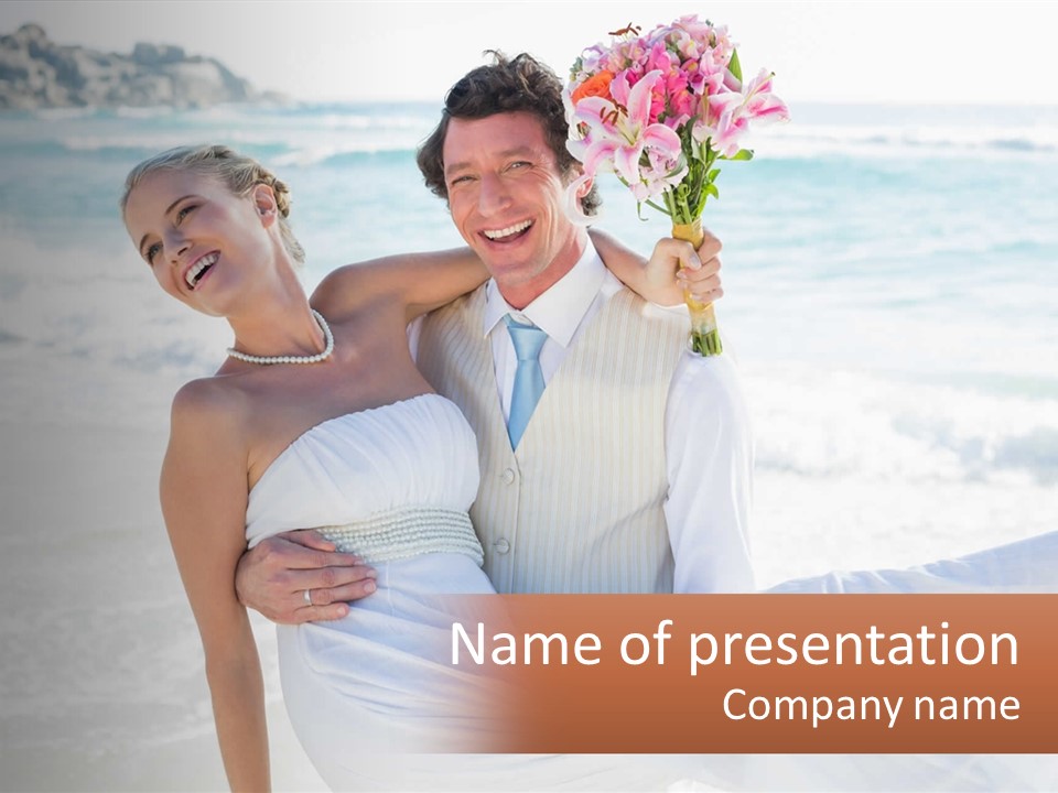 A Man And Woman On The Beach Holding A Bouquet Of Flowers PowerPoint Template