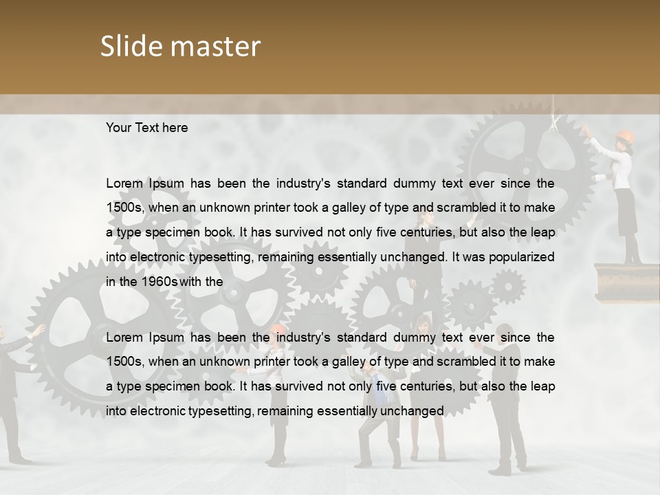 A Group Of People Standing On Top Of Gears PowerPoint Template