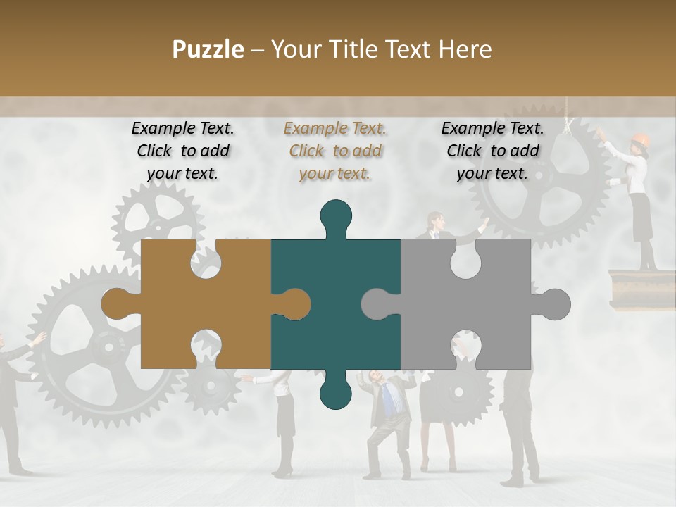 A Group Of People Standing On Top Of Gears PowerPoint Template