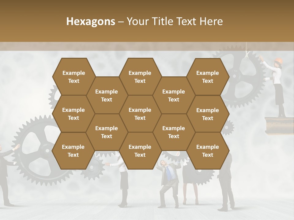 A Group Of People Standing On Top Of Gears PowerPoint Template