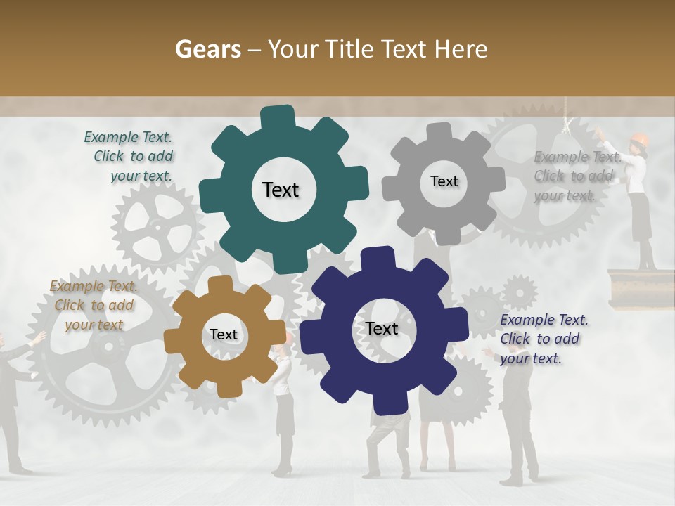 A Group Of People Standing On Top Of Gears PowerPoint Template