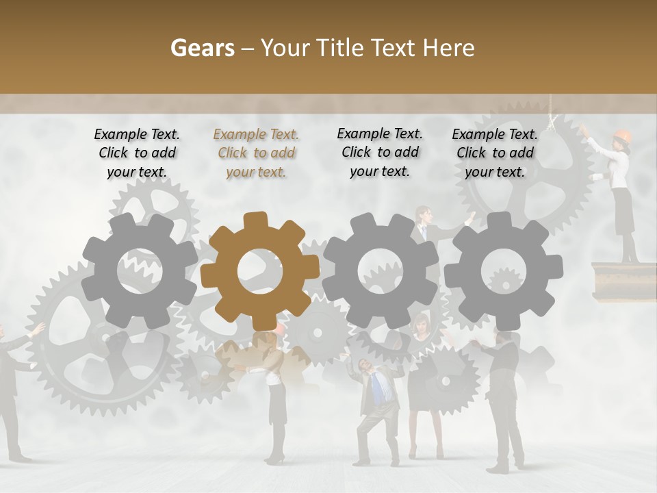 A Group Of People Standing On Top Of Gears PowerPoint Template