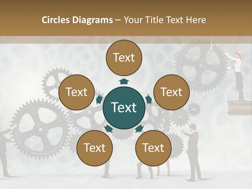 A Group Of People Standing On Top Of Gears PowerPoint Template