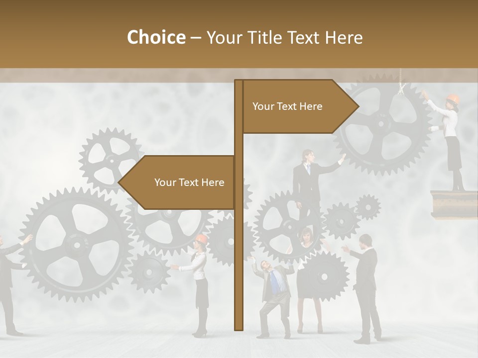 A Group Of People Standing On Top Of Gears PowerPoint Template