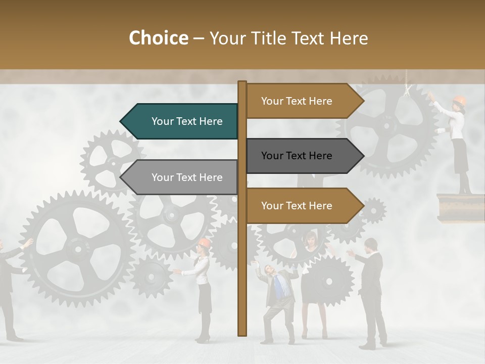 A Group Of People Standing On Top Of Gears PowerPoint Template