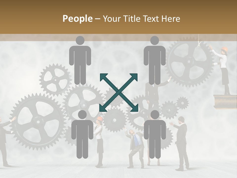 A Group Of People Standing On Top Of Gears PowerPoint Template