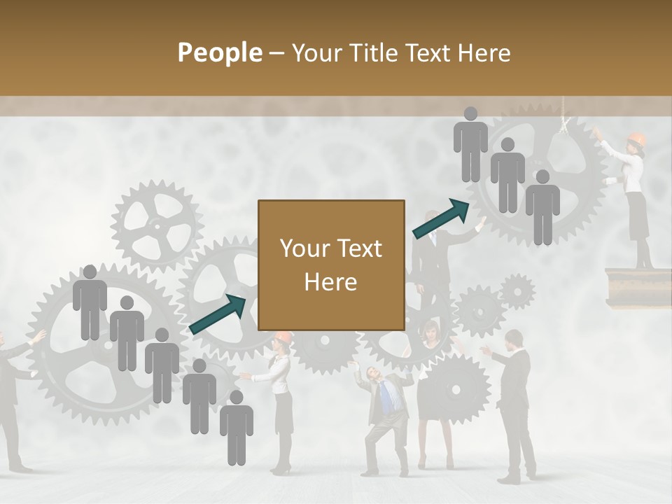 A Group Of People Standing On Top Of Gears PowerPoint Template