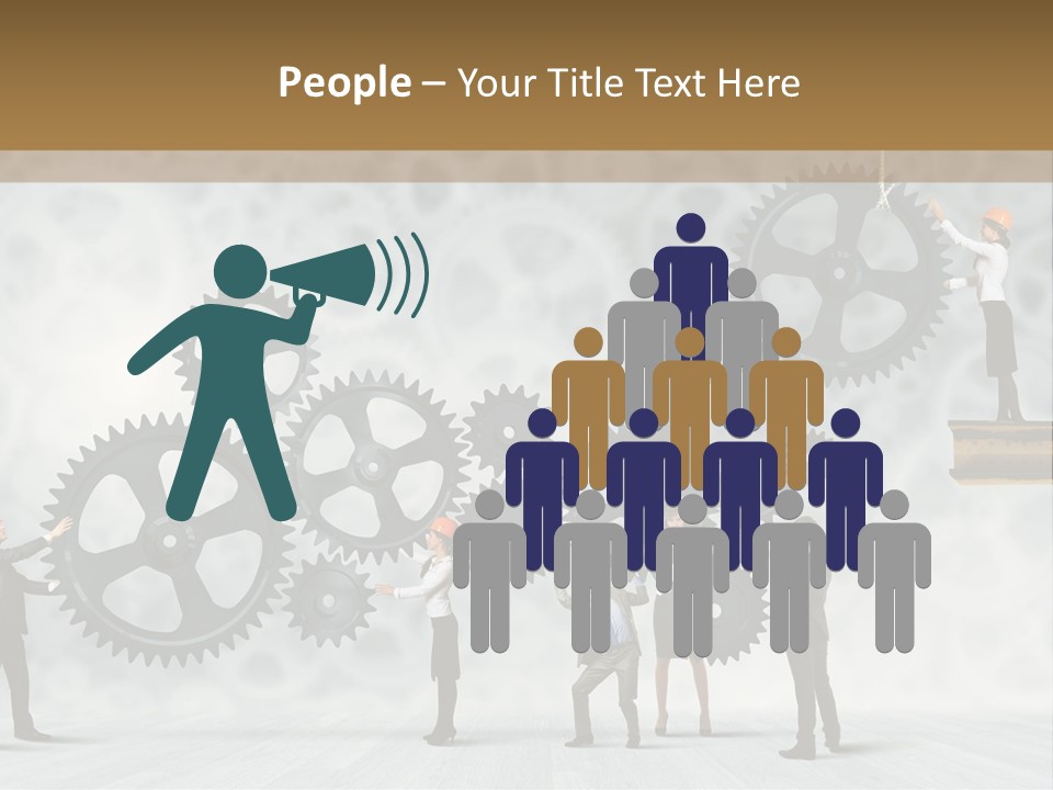 A Group Of People Standing On Top Of Gears PowerPoint Template