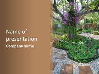 A Picture Of A Garden With Flowers And Rocks PowerPoint Template