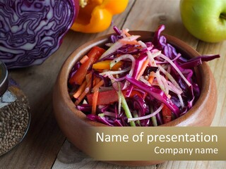 A Wooden Bowl Filled With Red Cabbage And Carrots PowerPoint Template