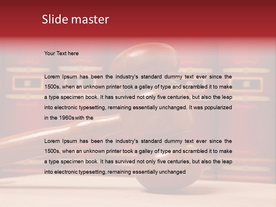 A Wooden Judge's Gavel In Front Of A Row Of Red Books PowerPoint Template