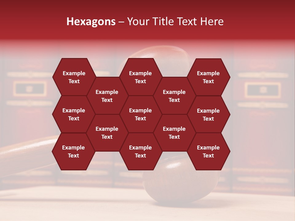 A Wooden Judge's Gavel In Front Of A Row Of Red Books PowerPoint Template
