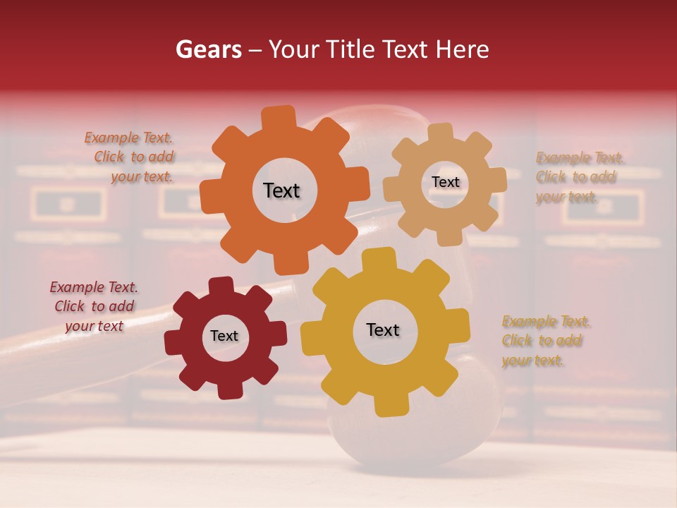 A Wooden Judge's Gavel In Front Of A Row Of Red Books PowerPoint Template