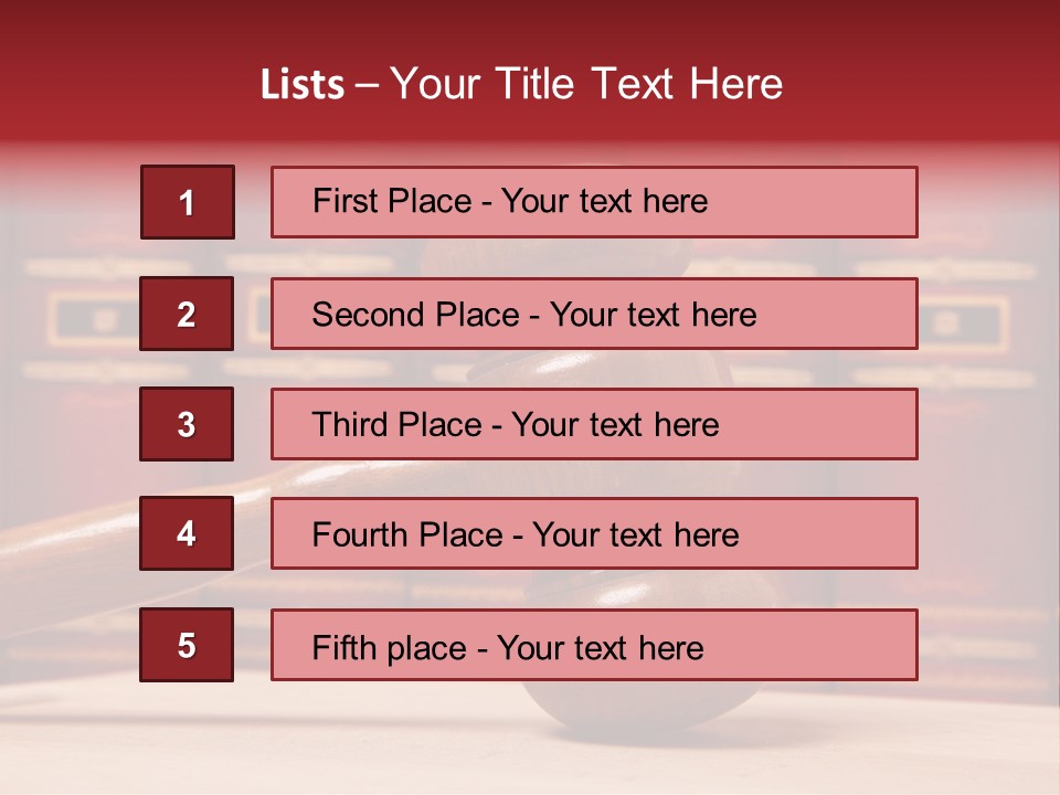 A Wooden Judge's Gavel In Front Of A Row Of Red Books PowerPoint Template
