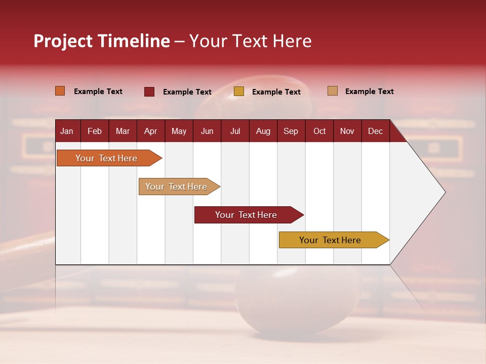 A Wooden Judge's Gavel In Front Of A Row Of Red Books PowerPoint Template