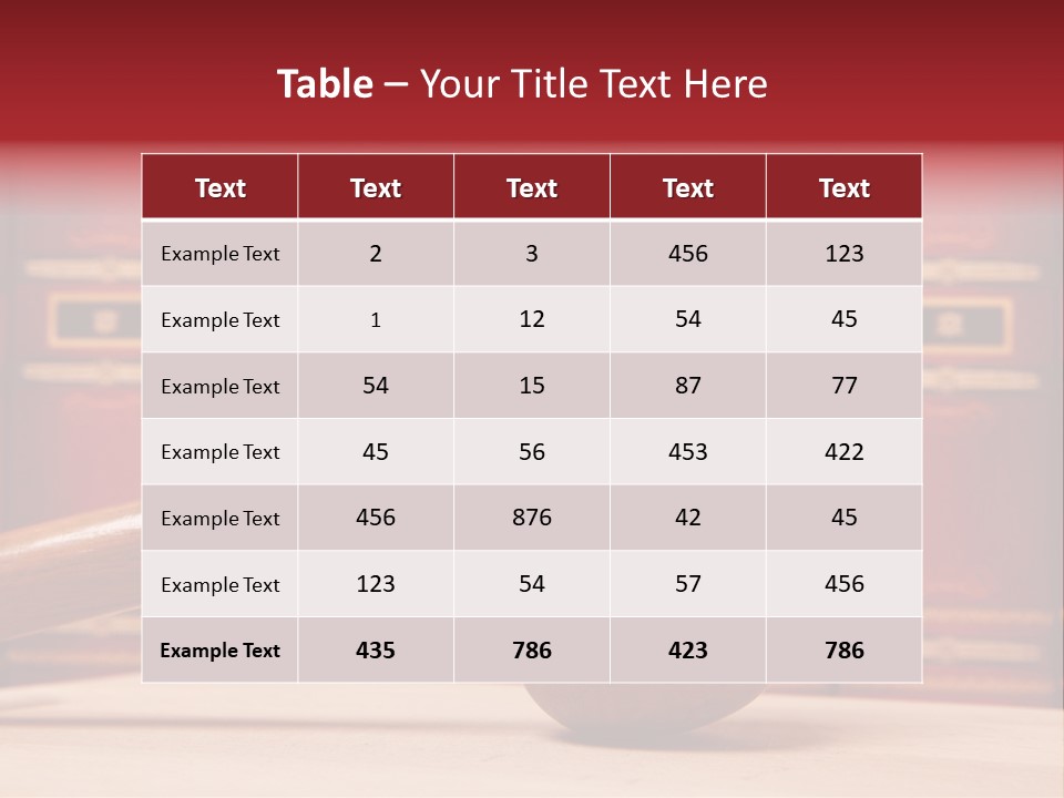 A Wooden Judge's Gavel In Front Of A Row Of Red Books PowerPoint Template