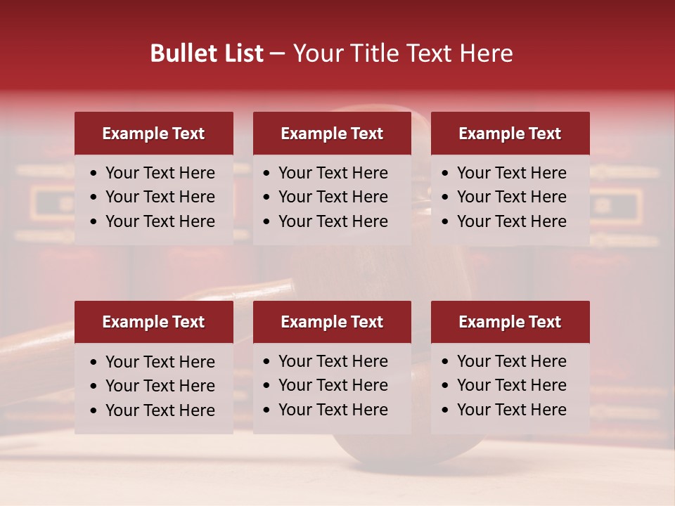 A Wooden Judge's Gavel In Front Of A Row Of Red Books PowerPoint Template