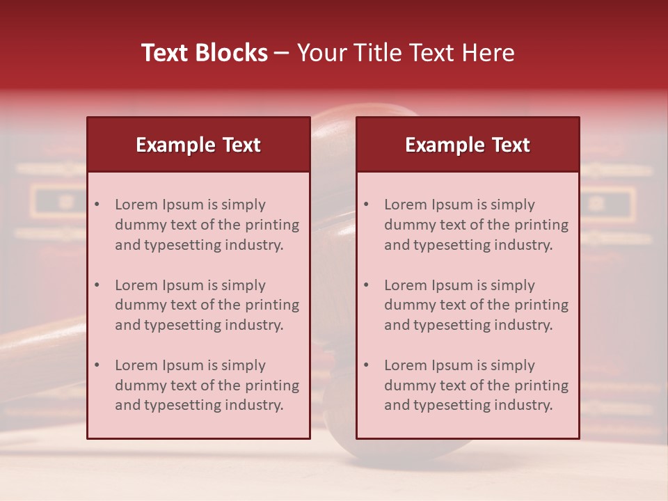 A Wooden Judge's Gavel In Front Of A Row Of Red Books PowerPoint Template