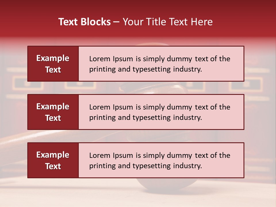 A Wooden Judge's Gavel In Front Of A Row Of Red Books PowerPoint Template