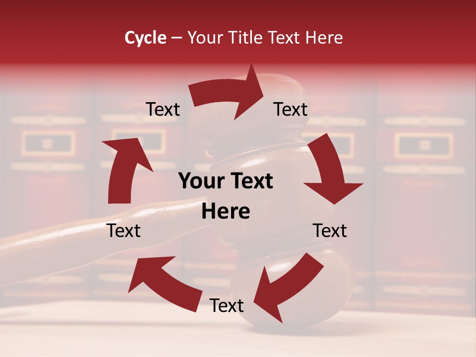 A Wooden Judge's Gavel In Front Of A Row Of Red Books PowerPoint Template