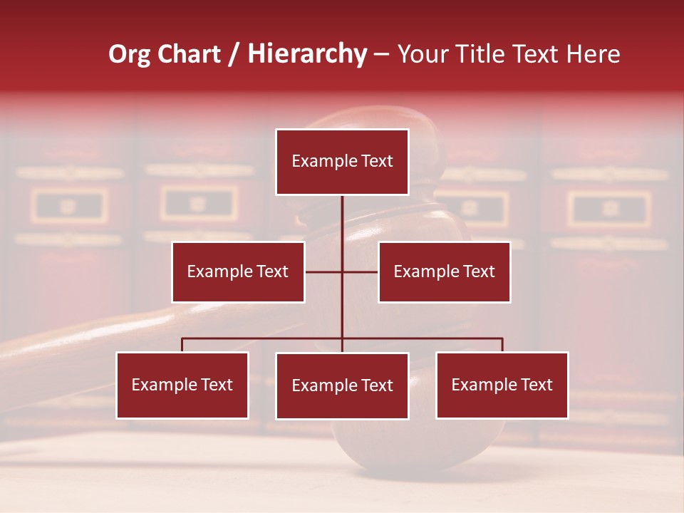 A Wooden Judge's Gavel In Front Of A Row Of Red Books PowerPoint Template