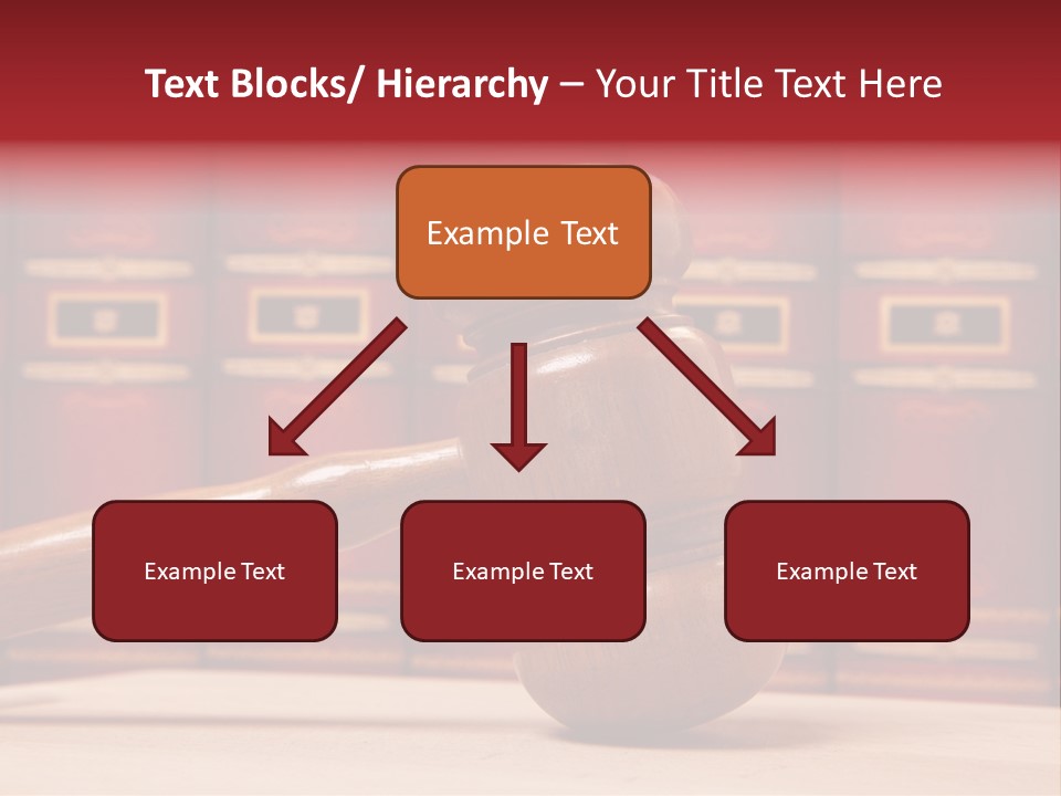A Wooden Judge's Gavel In Front Of A Row Of Red Books PowerPoint Template