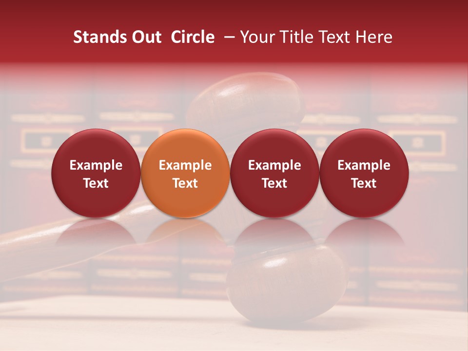 A Wooden Judge's Gavel In Front Of A Row Of Red Books PowerPoint Template
