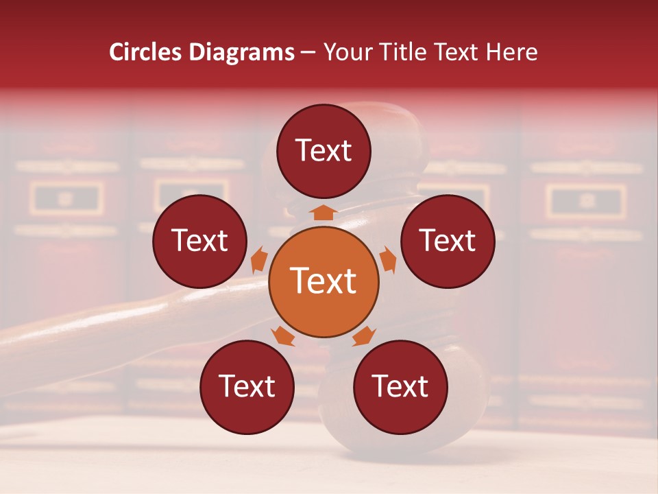 A Wooden Judge's Gavel In Front Of A Row Of Red Books PowerPoint Template