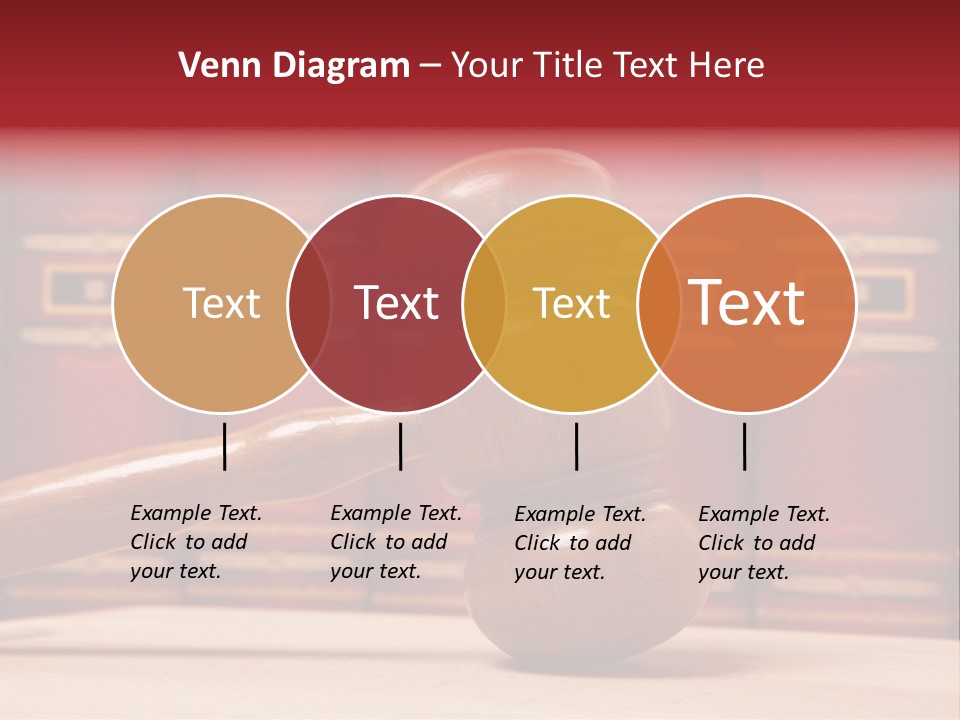 A Wooden Judge's Gavel In Front Of A Row Of Red Books PowerPoint Template
