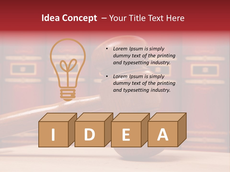 A Wooden Judge's Gavel In Front Of A Row Of Red Books PowerPoint Template