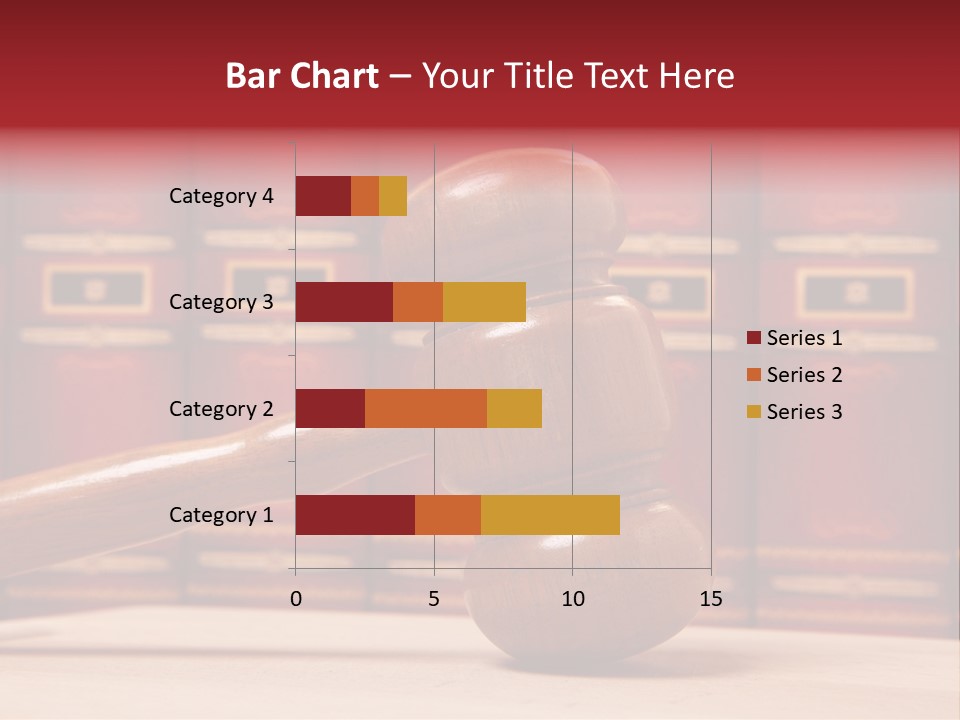 A Wooden Judge's Gavel In Front Of A Row Of Red Books PowerPoint Template