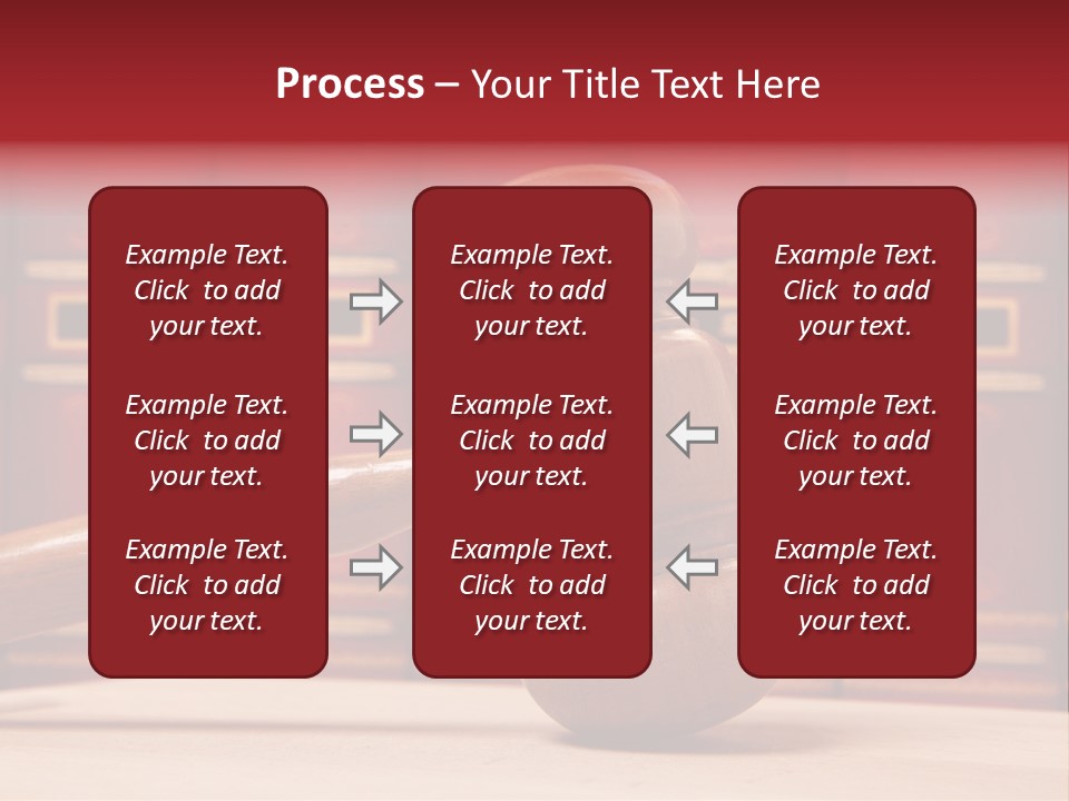 A Wooden Judge's Gavel In Front Of A Row Of Red Books PowerPoint Template