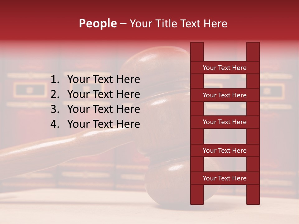 A Wooden Judge's Gavel In Front Of A Row Of Red Books PowerPoint Template