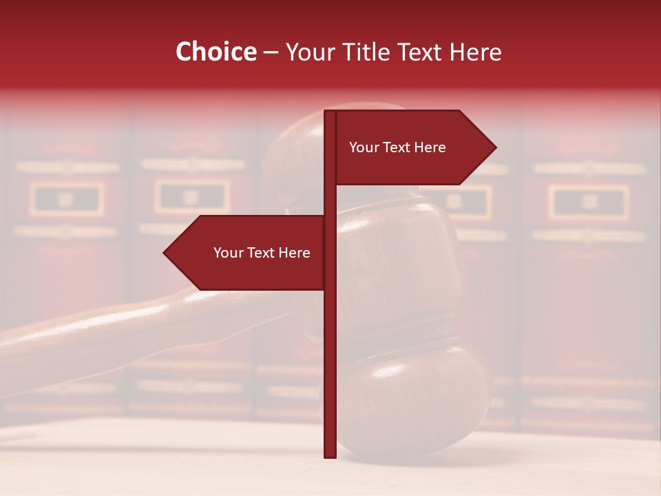 A Wooden Judge's Gavel In Front Of A Row Of Red Books PowerPoint Template