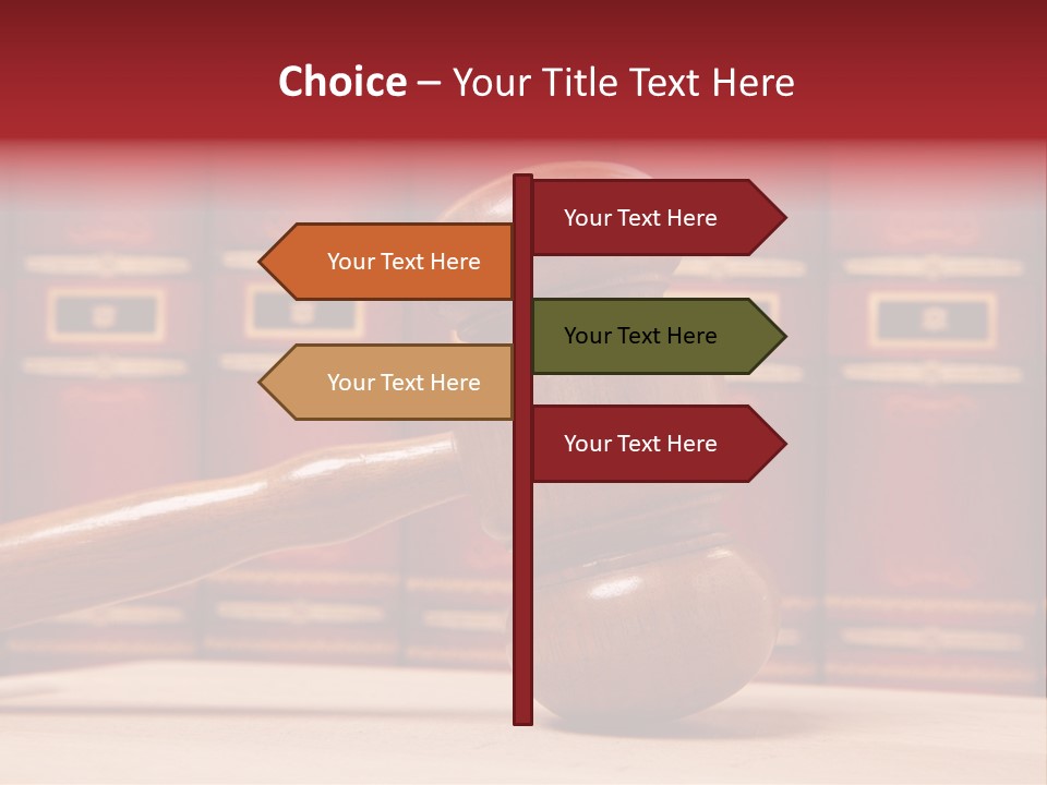 A Wooden Judge's Gavel In Front Of A Row Of Red Books PowerPoint Template