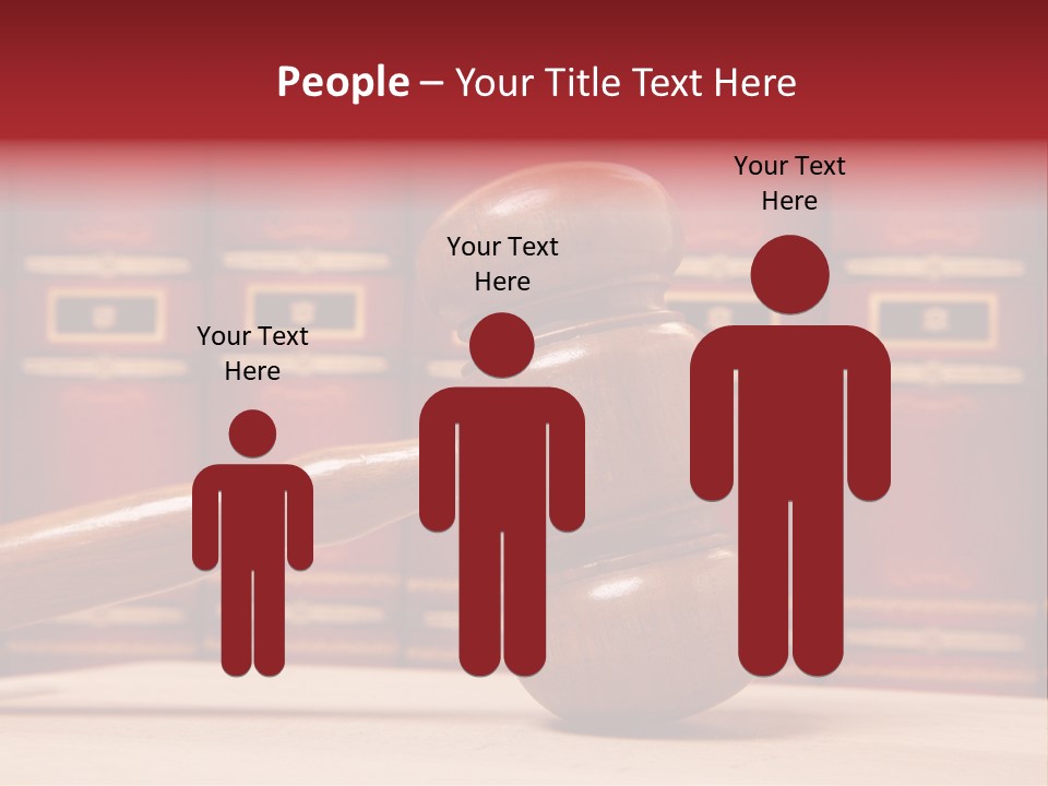 A Wooden Judge's Gavel In Front Of A Row Of Red Books PowerPoint Template