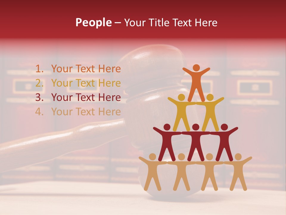 A Wooden Judge's Gavel In Front Of A Row Of Red Books PowerPoint Template