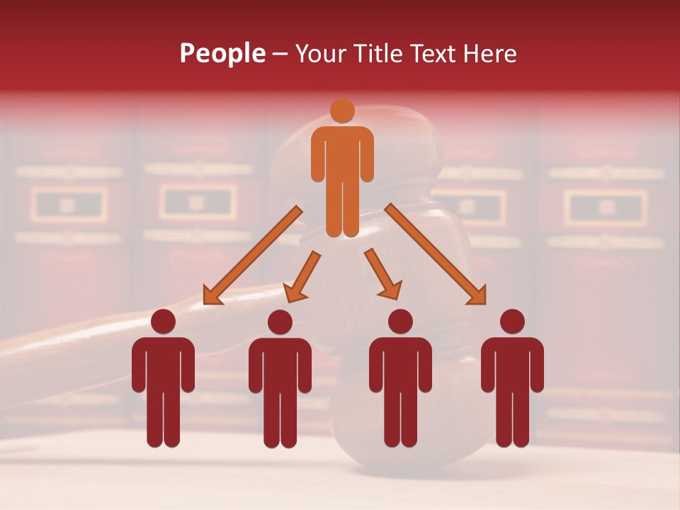 A Wooden Judge's Gavel In Front Of A Row Of Red Books PowerPoint Template