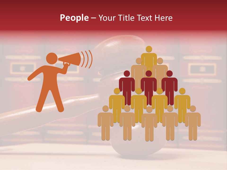 A Wooden Judge's Gavel In Front Of A Row Of Red Books PowerPoint Template