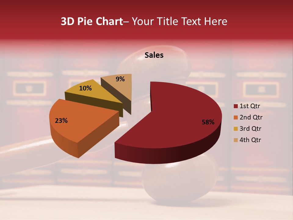 A Wooden Judge's Gavel In Front Of A Row Of Red Books PowerPoint Template