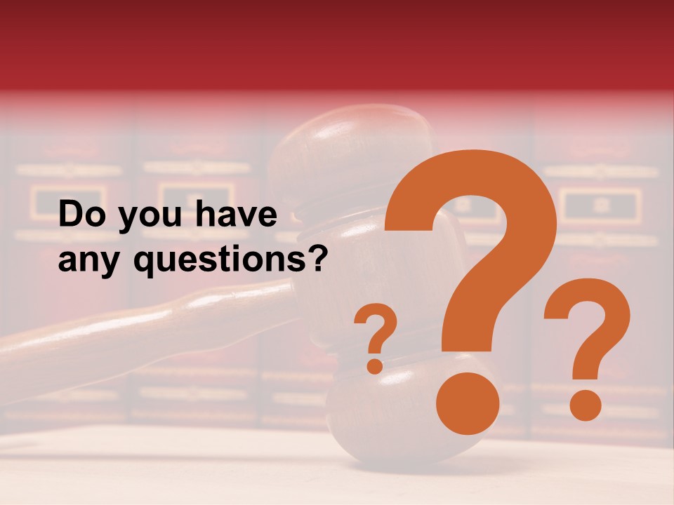 A Wooden Judge's Gavel In Front Of A Row Of Red Books PowerPoint Template