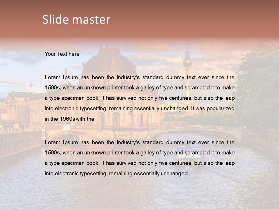 A Boat Traveling Down A River Next To A Tall Building PowerPoint Template