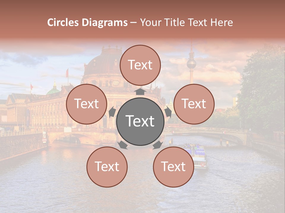 A Boat Traveling Down A River Next To A Tall Building PowerPoint Template