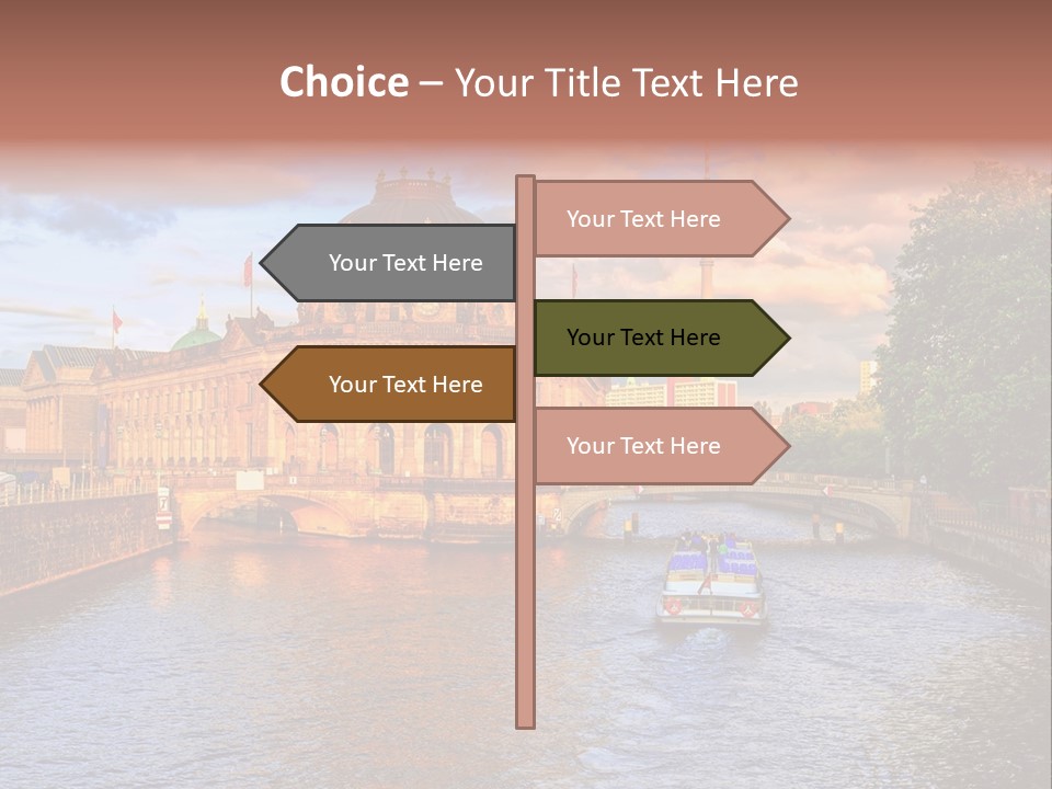 A Boat Traveling Down A River Next To A Tall Building PowerPoint Template