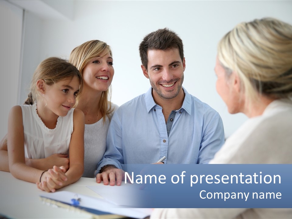 A Family Sitting At A Table Talking To Each Other PowerPoint Template