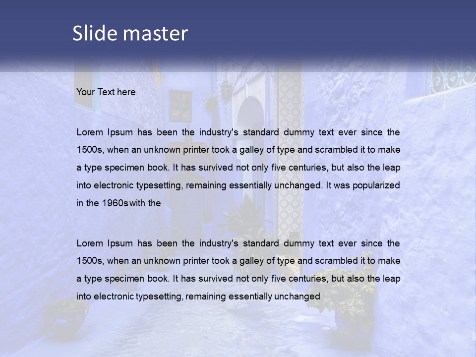 A Narrow Alley With Blue Walls And Potted Plants PowerPoint Template