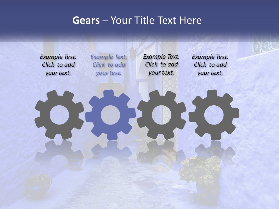 A Narrow Alley With Blue Walls And Potted Plants PowerPoint Template